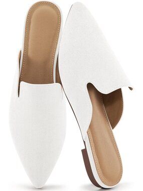 Women's White Mules Flats Pointed Toe Dressy Slip On Work Comfortable Shoes